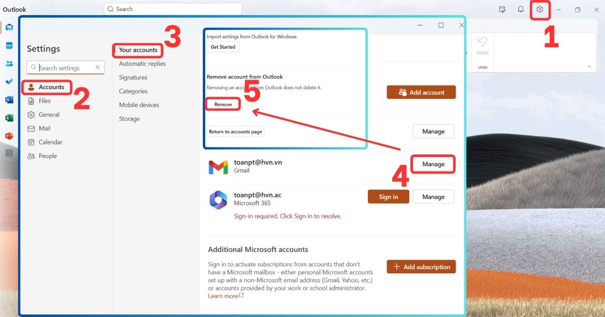 Xóa tài khoản Outlook