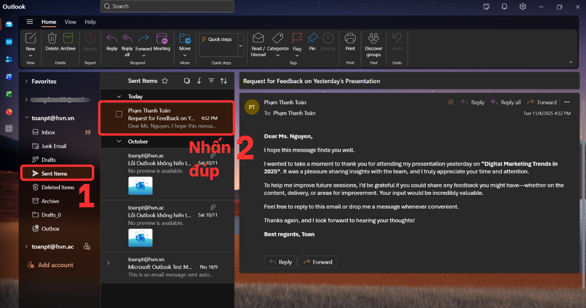 Xóa email Outlook đã gửi