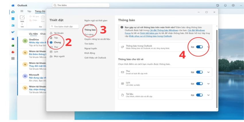 Cách bật thông báo trong Outlook
