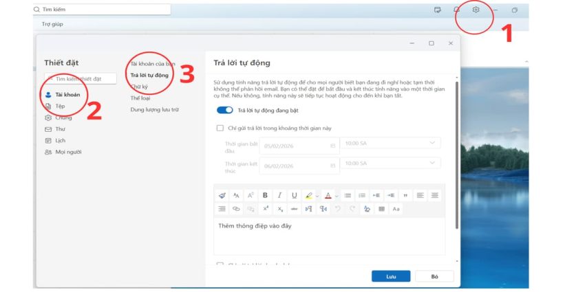 Cài đặt mail tự trả lời trong outlook