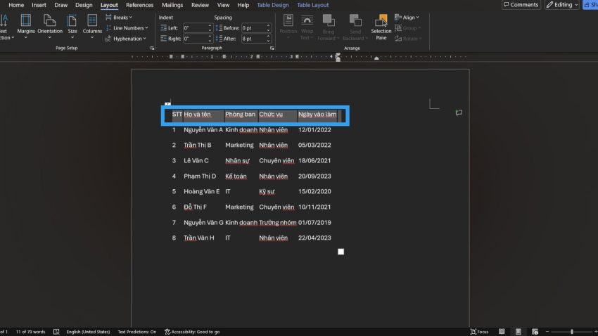 Lặp lại tiêu đề trong Word bằng Table Properties