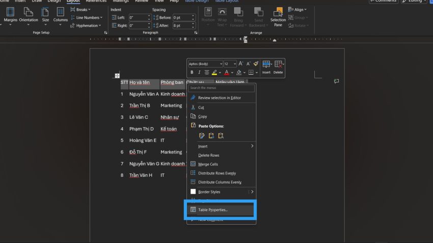  Lặp lại tiêu đề trong Word bằng Table Properties