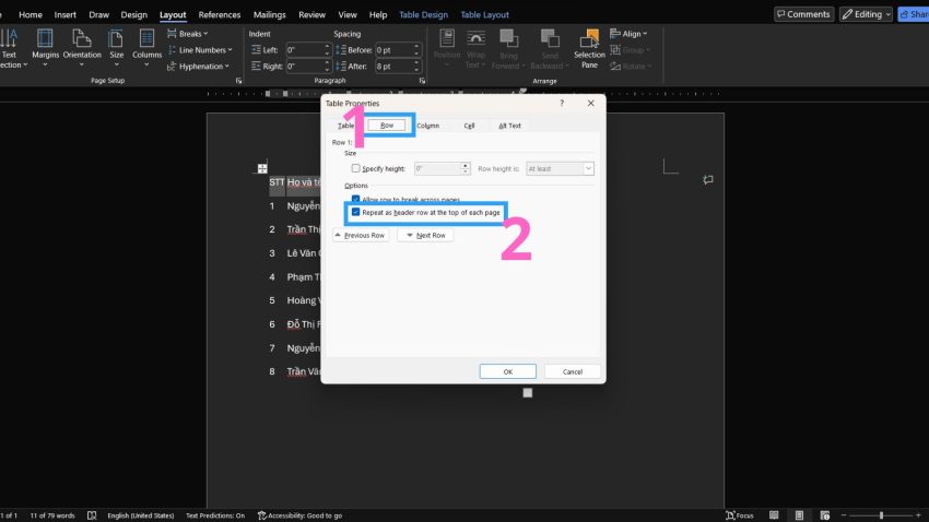  Lặp lại tiêu đề trong Word bằng Table Properties