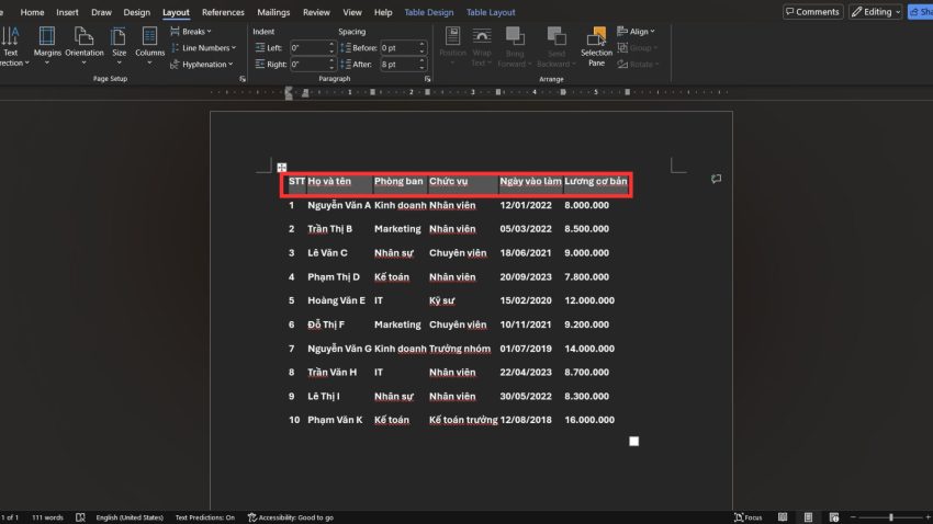 Cách bỏ lặp lại tiêu đề trong Word bằng tab Layout