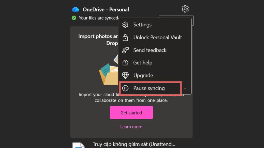 Tạm dừng đồng bộ OneDrive