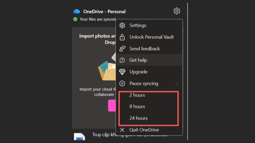 Tạm dừng đồng bộ OneDrive