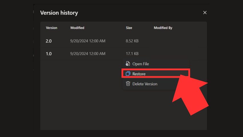 Khôi phục file từ phiên bản trước (Version History)