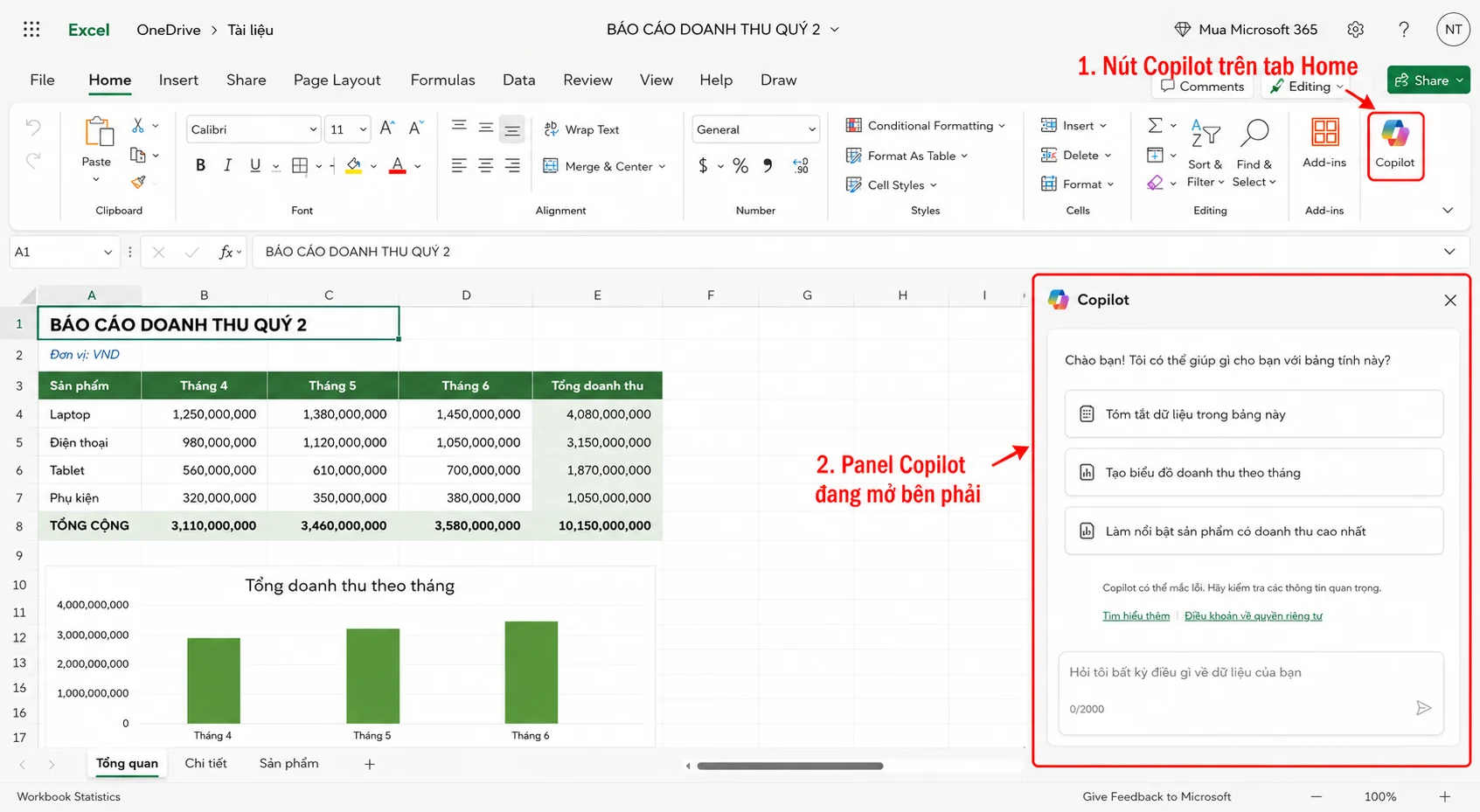 Hướng dẫn mở Copilot trên Excel web