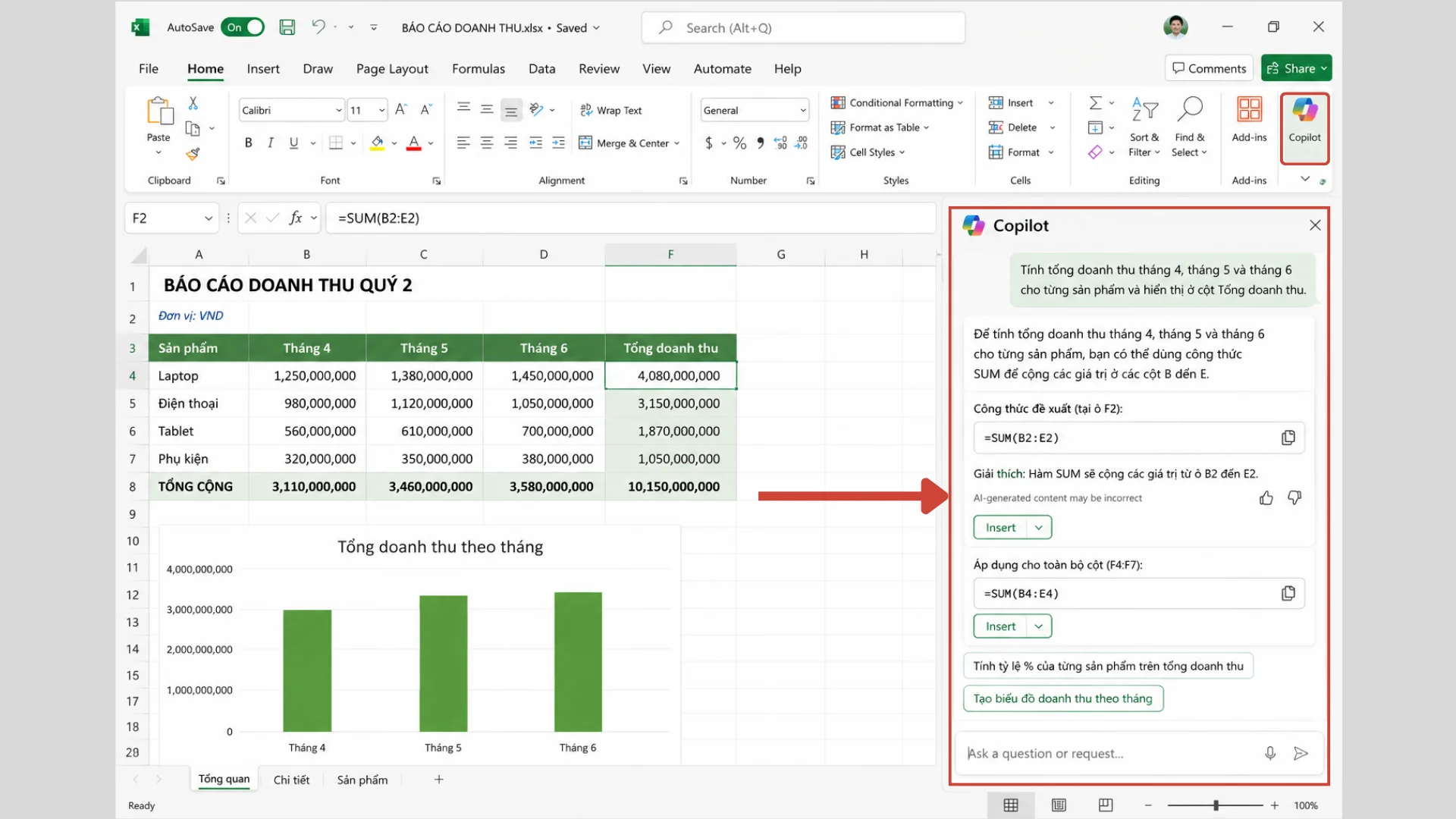 Minh họa dùng Copilot để tạo công thức Excel
