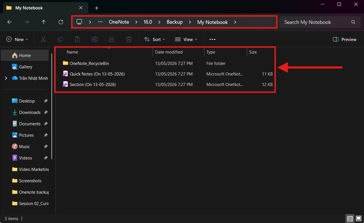 Minh họa vị trí file Onenote Backup