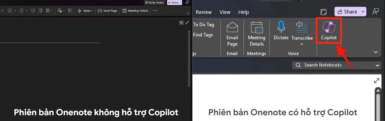 So sánh Onenote có và không có Copilot
