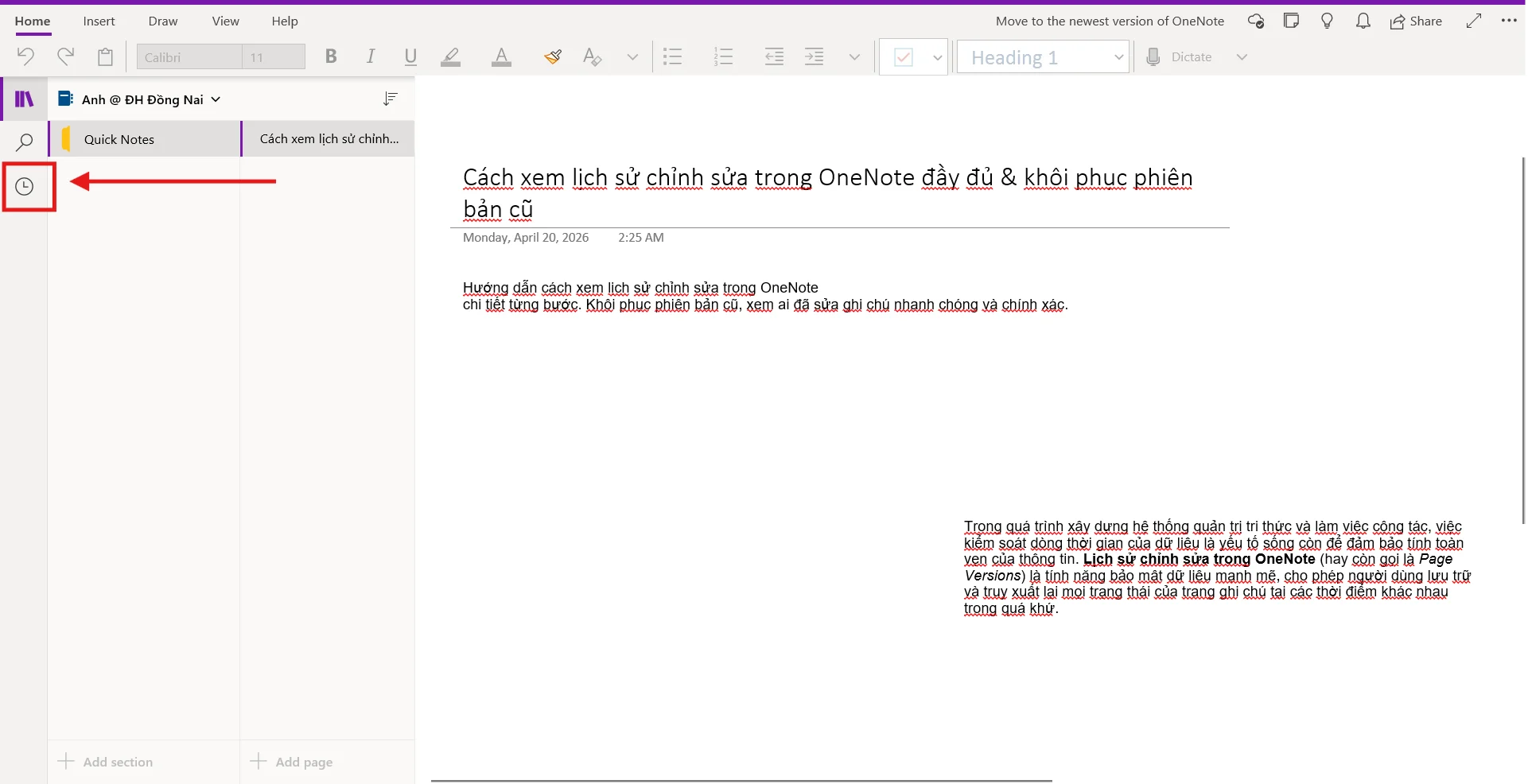 Xem lịch sử chỉnh sửa trong App Onenote
