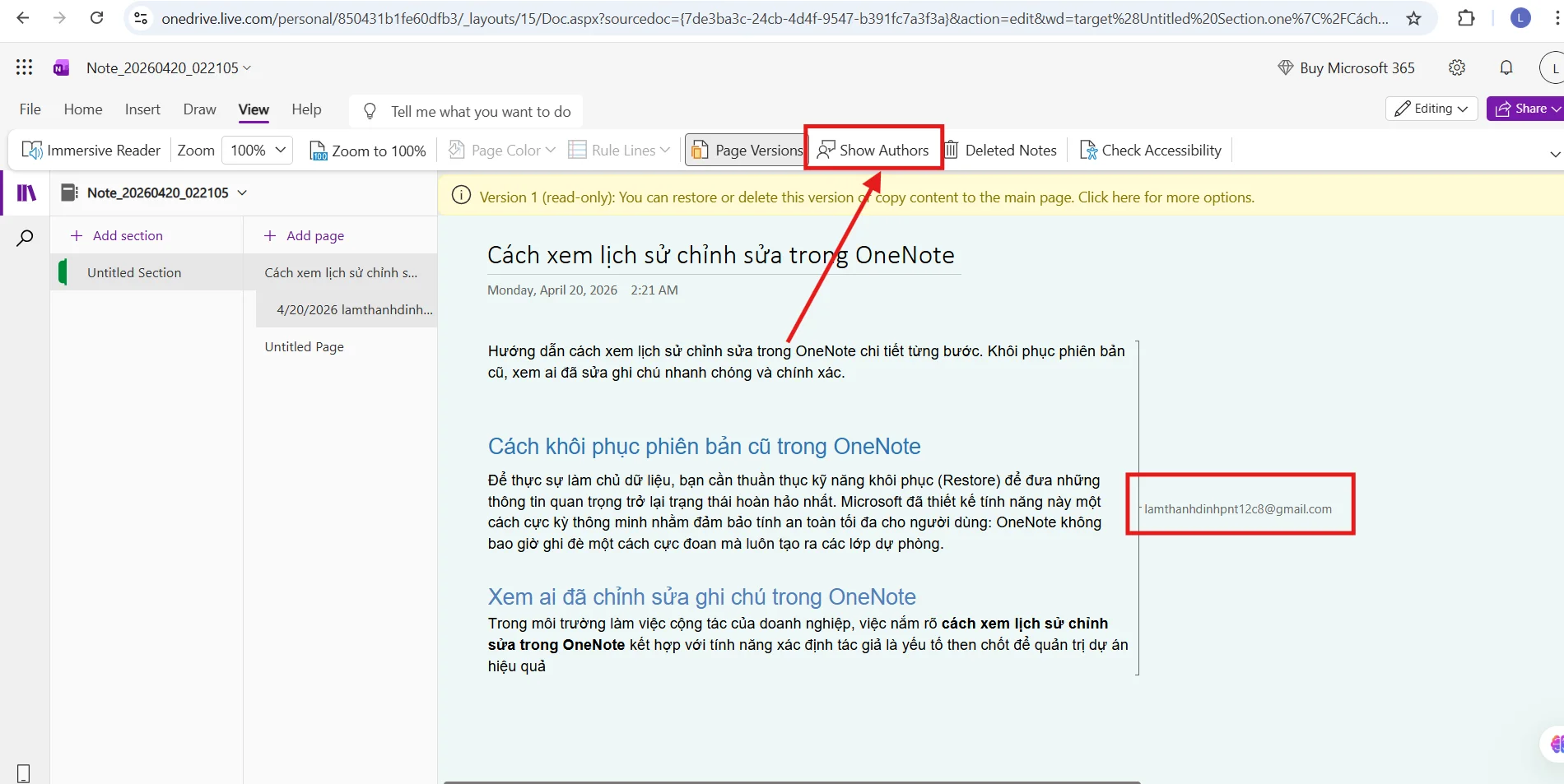 Xem tác giả của chỉnh sửa Onenote