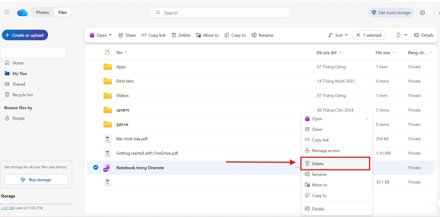 Xóa Onenote trong Onedrive