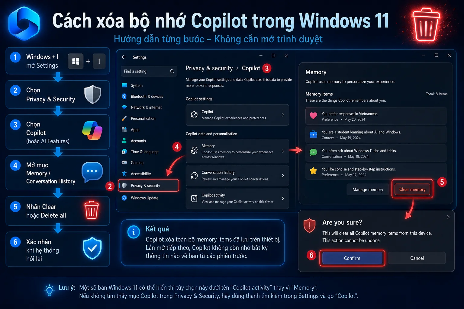 Cách 1 xóa bộ nhớ Copilot